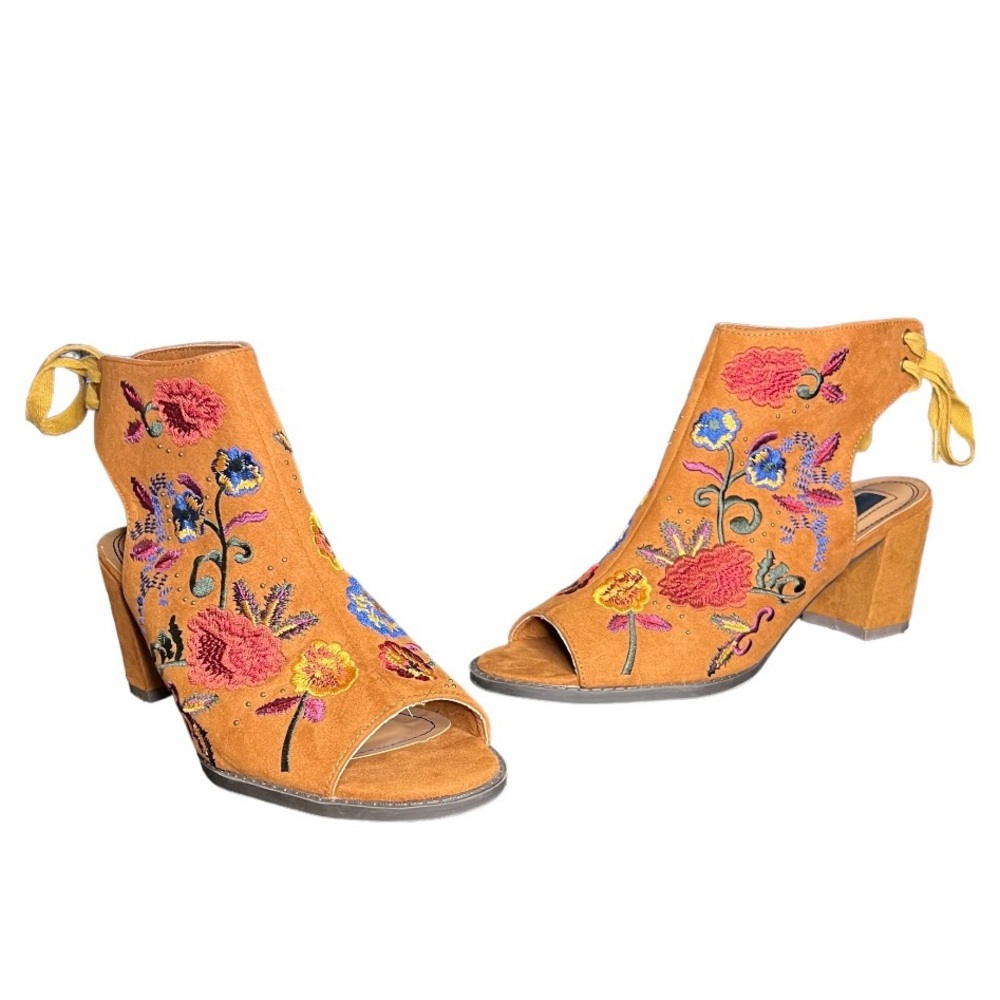 MAXI A Embroidered Faux Suede Open Toe Chunky Heeled Ankle Booties